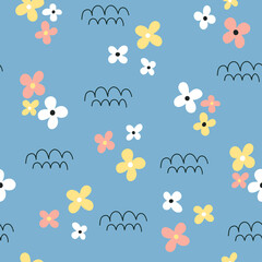 Childish seamless pattern with flowers. Vector illustration.