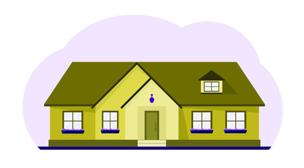 Country house in the afternoon with an attic. A house with a pitched roof on a purple background. Flat design