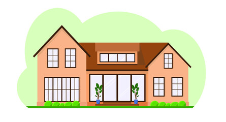 Country house in the afternoon with an attic with flowers. A house with a pitched roof on a green background. Flat design