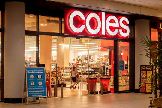 Sydney, Australia 2021-03-01: Exterior view of Coles supermarket during the COVID-19 pandemic.