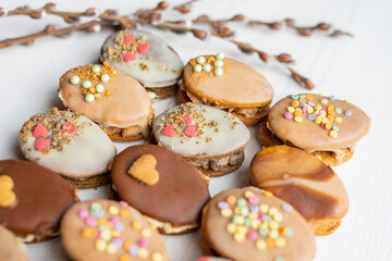 homemade easter spring chocolate egg cookies decorated with sprinkels 