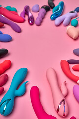 Colourful Dildo, vibrator in sex shop assortment. toys for adults, sensuality, excitement concept. Equipment tools for masturbating