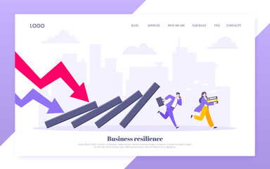 Fototapeta na wymiar Domino effect or business resilience metaphor vector illustration concept. Adult young business people run away from falling domino line business concept problem solving danger domino chain reaction.