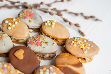 homemade easter spring chocolate egg cookies decorated with sprinkels 