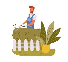 Garden worker pruning hedge with pruners or garden shears. Man working with shrubs in backyard. Colored flat vector illustration of professional gardener in uniform isolated on white background