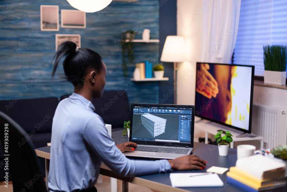 Poster african entrepreneur developer working from home office late at night. industrial black female engin