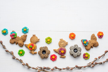 home made cute vegan healthy alternative easter spring cookies on white background with room for text 