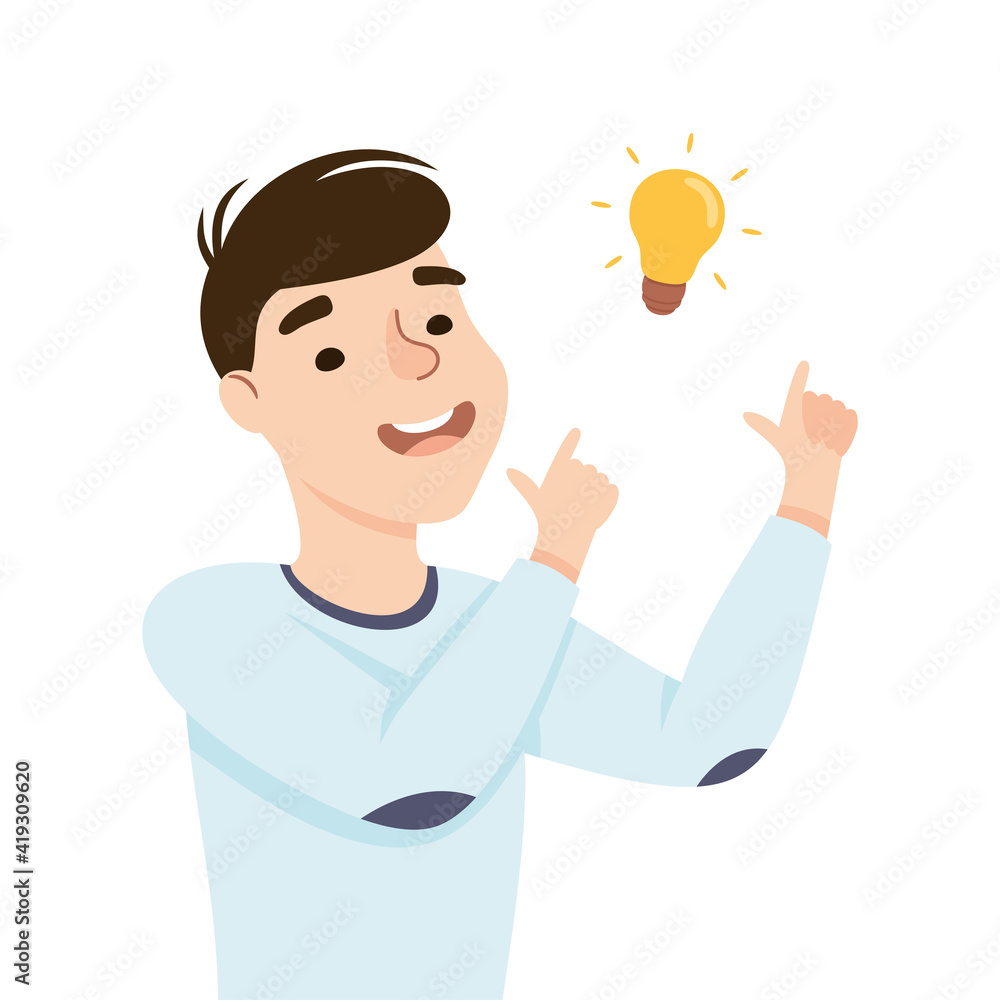 Poster beaming man with glowing lightbulb having idea finding problem or puzzle solution half length vector