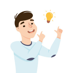 Beaming Man with Glowing Lightbulb Having Idea Finding Problem or Puzzle Solution Half Length Vector Illustration