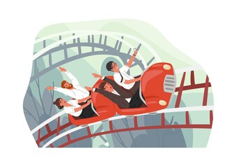 Team of happy coworkers riding roller coaster. Concept of rapid and successful start. People moving fast toward corporate goals. Colored flat cartoon vector illustration isolated on white background