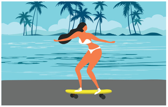 Beautiful woman on surfskate on beach vector illustration. Surfskate concept