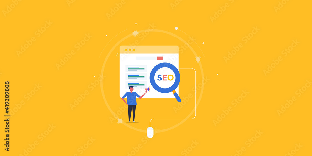 Poster seo concept. digital marketing and seo optimization . man standing in front of search result with ma