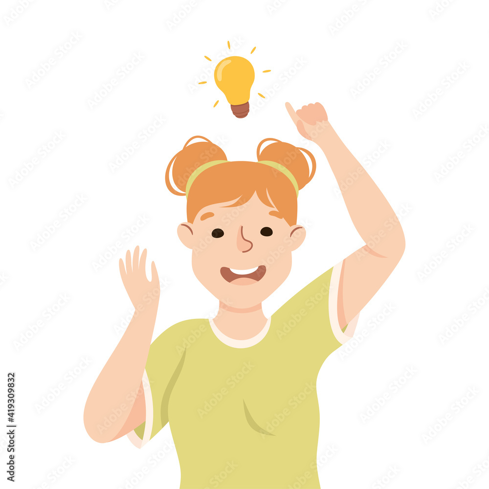 Poster beaming woman with glowing lightbulb having idea finding problem or puzzle solution half length vect
