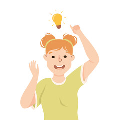 Beaming Woman with Glowing Lightbulb Having Idea Finding Problem or Puzzle Solution Half Length Vector Illustration