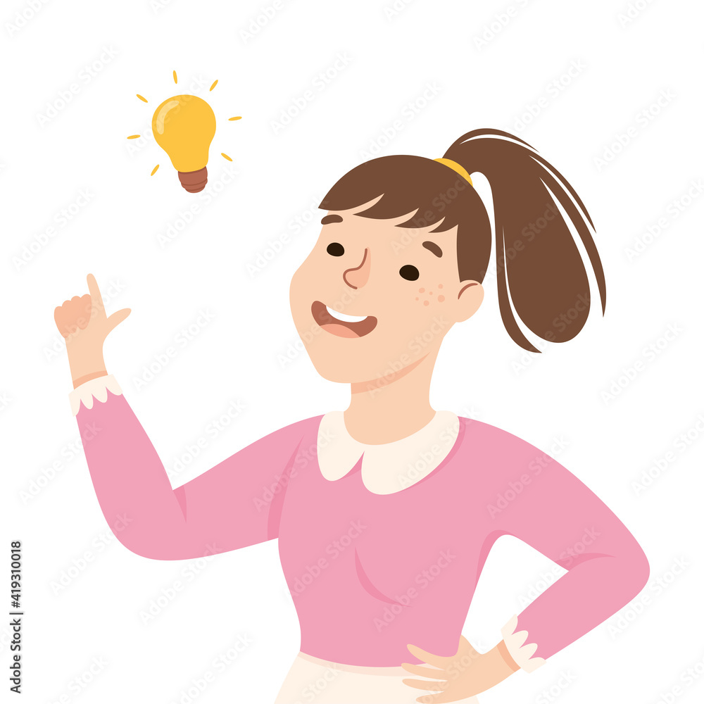 Poster beaming woman with glowing lightbulb having idea finding problem or puzzle solution half length vect