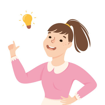 Beaming Woman with Glowing Lightbulb Having Idea Finding Problem or Puzzle Solution Half Length Vector Illustration