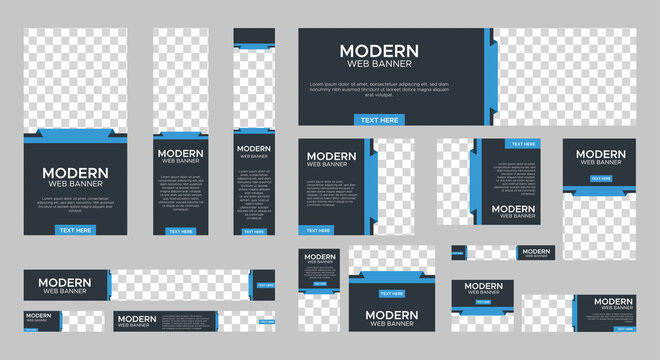 set of modern web banners of standard size with a place for photos. Vertical, horizontal and square template. Vector EPS