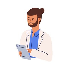 Professional doctor or medical student using tablet PC. Happy medic specialist in uniform. Colored flat cartoon vector illustration of young health worker or pharmacist isolated on white background