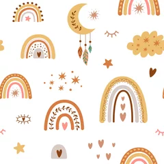 Gardinen Regenbogenmuster. Kinder Boho Regenbogenmuster, Pastellregenbögen, Mond. Baby-Kindergarten-Hintergrund © Tani Kuzminka