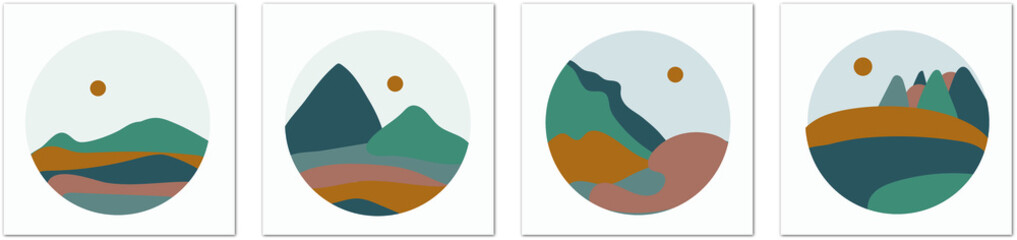 Mountain landscape circle emblem. Set Vector icon. Fir forest, trees and sun. Outdoor activity travel, tourism. Сard design. Vector concept isolated on white background.