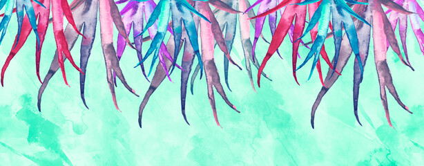 Watercolor blue background, blot, blob, splash of blue paint. Watercolor drawing. Sea bottom with algae, wild grass, plants. Watercolor banner. Multi-colored seaweed. Colorful summer landscape. 