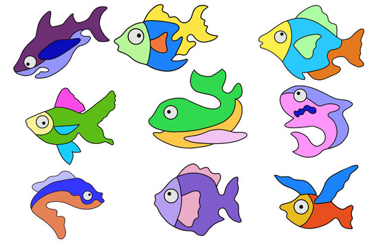Set with sea fish. Cute colorful fish for kids. Vector.River fish for fishing.