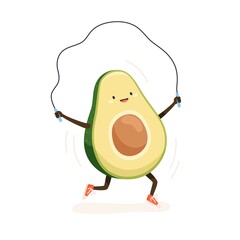Cute and funny avocado with jump rope. Happy comic fruit doing sport and working out. Colored flat cartoon vector illustration of childish character isolated on white background