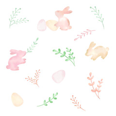 Vector - Collection of Cute image. Digital watercolor painting egg, rabbit and leaves. Vintage style. Easter concept.