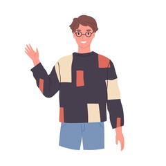 Smiling guy in glasses saying hello and waving with hand. Happy friendly man greeting and welcoming smb with hi gesture. Colored flat vector illustration isolated on white background
