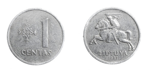 Lithuania one centas coin on a white isolated background