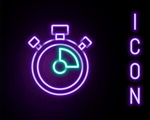 Glowing neon line Stopwatch icon isolated on black background. Time timer sign. Chronometer sign. Colorful outline concept. Vector.