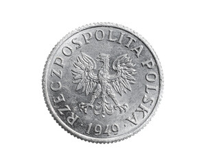 Poland one penny coin on a white isolated background