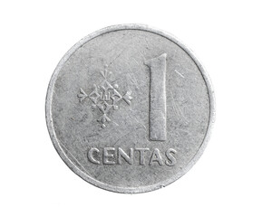 Lithuania one centas coin on a white isolated background