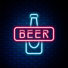 Glowing neon line Beer bottle icon isolated on brick wall background. Colorful outline concept. Vector.