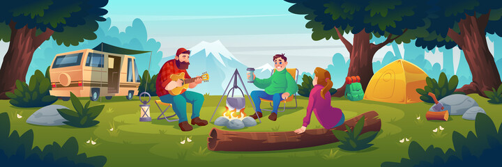 Summer camp with people sitting near bonfire. Vector cartoon landscape with mountain, forest and campsite with tourists, tent, van, chairs, guitar and backpack