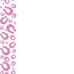 Lucky horseshoe. Glamorous pink horseshoe. Seamless vertical border. Repeating vector pattern. Isolated colorless background. Good luck symbol. Endless ornament. St. Patricks Day. 