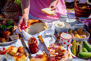 Woman is preparing breakfast in retro style, like in old times