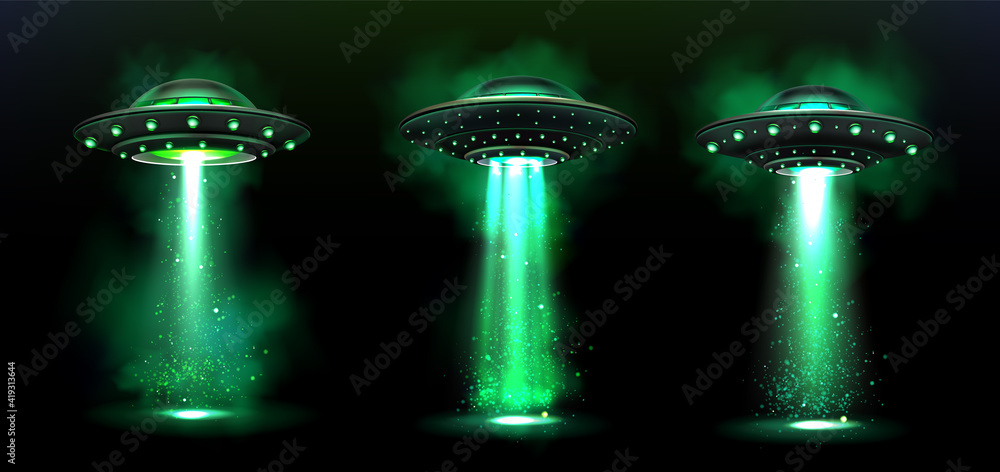 Wall mural 3d ufo, vector alien space ships with green light beam, smoke and sparkles. saucers with bright illu