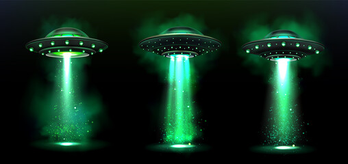 3d UFO, vector alien space ships with green light beam, smoke and sparkles. Saucers with bright illumination and vertical ray for abduction, unidentified flying objects, Realistic vector illustration - obrazy, fototapety, plakaty