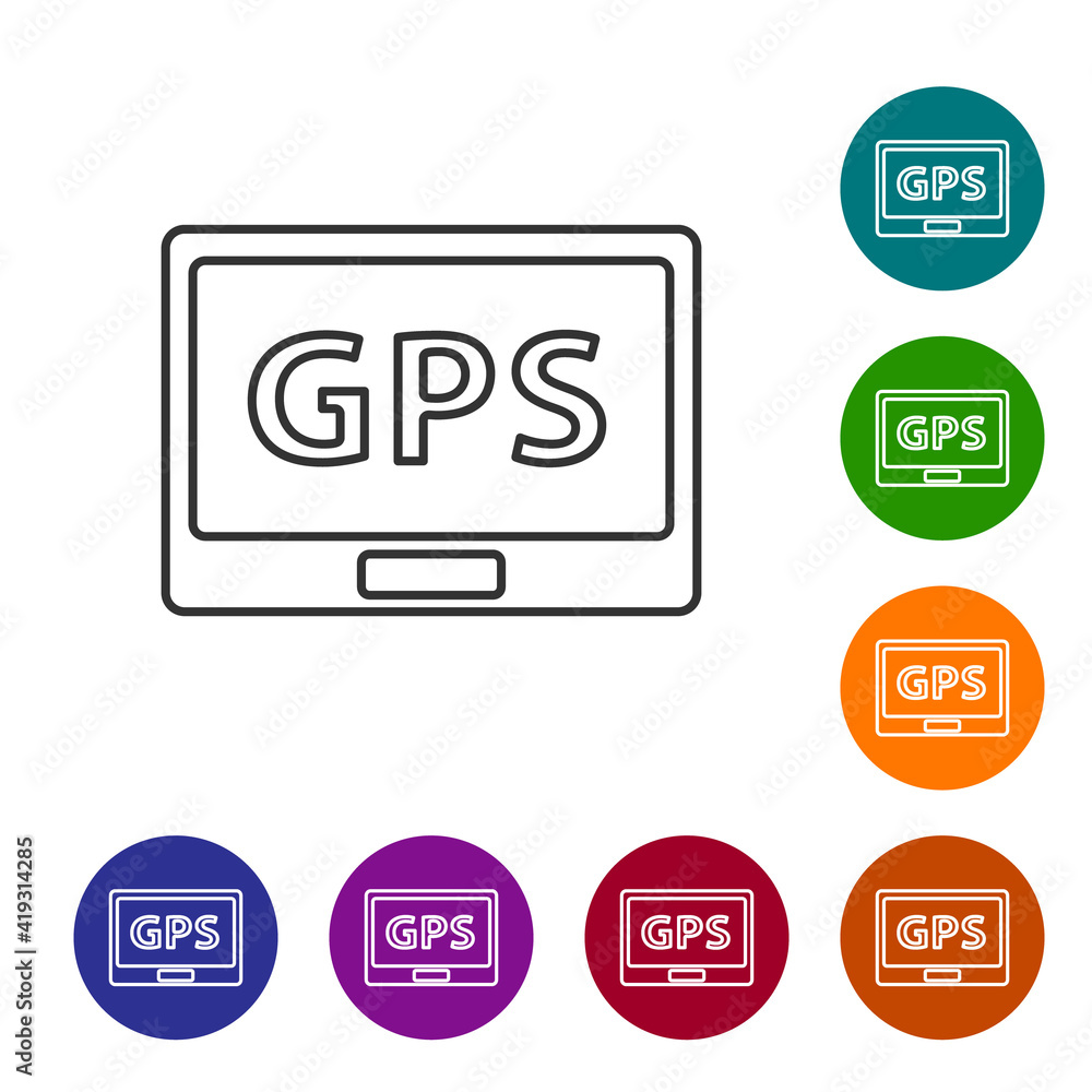 Poster black line gps device with map icon isolated on white background. set icons in color circle buttons.