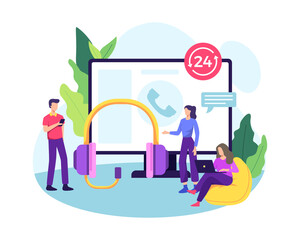 Call center illustration. Customer service concept with big headset, monitor screen and small people. Online customer support, Telemarketing, Hotline operator 24 hours. Vector in a flat style