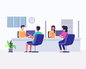 Obraz premium Customers consulting department. Hotline operators with headsets in office with clients. Customer support, Telemarketing agency, Consultation and assistance. Vector illustration in a flat style