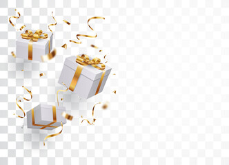 gift box with gold confetti , isolated on transparent background