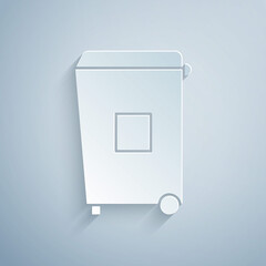 Paper cut Trash can icon isolated on grey background. Garbage bin sign. Recycle basket icon. Office trash icon. Paper art style. Vector Illustration.