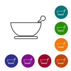 Black line Mortar and pestle icon isolated on white background. Set icons in color circle buttons. Vector Illustration.