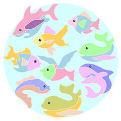 Fish in a circle. Excellent sea and river fish. Children s illustration. Vector. Fishing for children.
