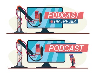 Studio desktop microphone with broadcast text over the air for podcasts, online communication and web conferencing. Vector illustration in a flat style.