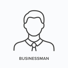 Businessman flat line icon. Vector outline illustration of male with tie. Black thin linear pictogram employee person