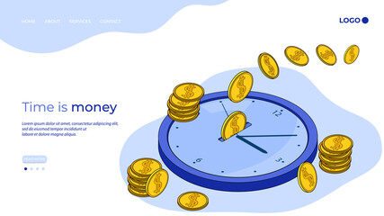 Time is money.The concept of saving money and managing time.Money is time.Time management and business planning.3D image.Isometric vector illustration.The landing page template.