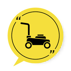 Black Lawn mower icon isolated on white background. Lawn mower cutting grass. Yellow speech bubble symbol. Vector.